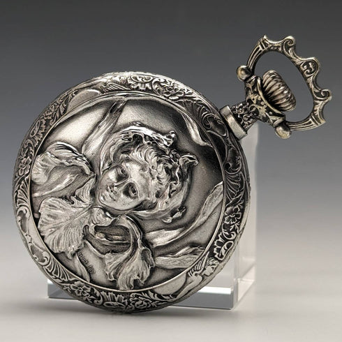 アンティーク スイス製無銘 懐中時計 浮彫彫刻シルバープレートケース 動作良好